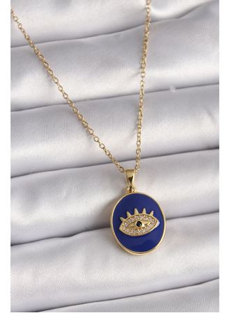 316L Çelik Gold Renk Zincir Mavi Mineli Zirkon Taşlı Göz İşleme Kadın Kolye