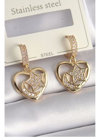 Pirinç Gold Renk Zirkon Taşlı Kalp Model Ay Yıldız İşleme Kadın Küpe