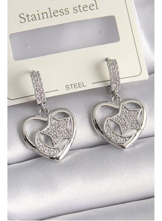 Pirinç Gümüş Renk Kalp Model Zirkon Taşlı Ay Yıldız İşlemeli Kadın Küpe