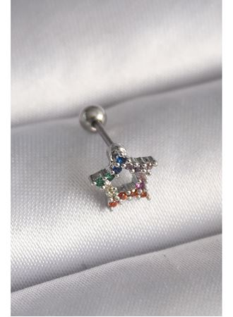 316L Çelik Gümüş Renk Renkli Zirkon Taşlı Yıldız Model Tragus Piercing