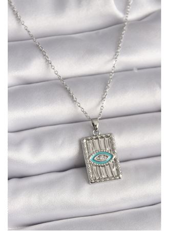 316L Çelik Gümüş Renk Zincir Göz İşlemeli Madalyon Model Kadın Kolye