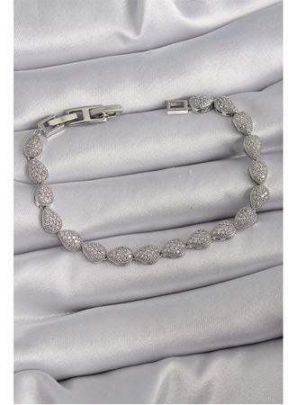 Pirinç Gümüş Renk Zirkon Taşlı Damla Model VIP Seri Kadın Bileklik