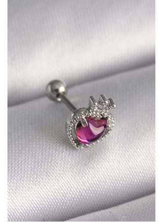 316L Çelik Gümüş Renk Pembe Mineli Kalp Zirkon Taş Detaylı Taç Tragus Piercing
