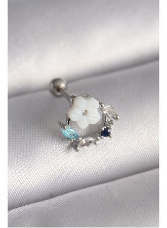 316L Çelik Gümüş Renk Zirkon Taş Detay Beyaz Çiçek Model Tragus Piercing