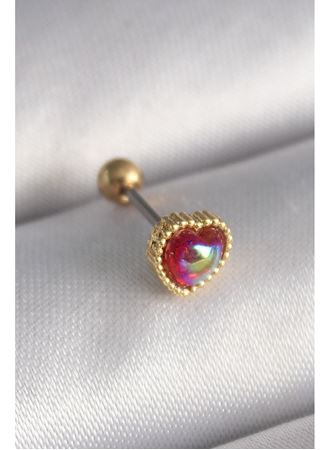 316L Çelik Gold Renk Kırmızı Mineli Kalp Tragus Piercing