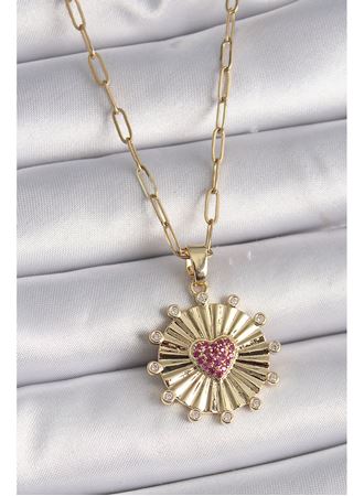 316L Çelik Gold Renk Pembe Zirkon Taşlı Kalp İşleme Madalyon Model Kadın Kolye