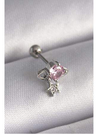 316L Çelik Gümüş Renk Pembe Zirkon Taşlı Sallantı Yıldız Detay Tragus Piercing