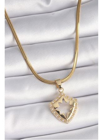 316L Çelik Gold Renk İtalyan Zincir Zirkon Taşlı Kutup Yıldız İşleme Kadın Kolye