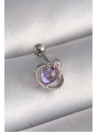 316L Çelik Gümüş Renk Mor Mineli Kalp Zirkon Taş Detay Tragus Piercing