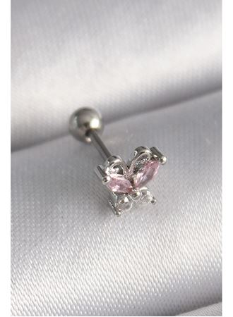 316L Çelik Gümüş Renk Pembe Zirkon Taşlı Kelebek Tragus Piercing