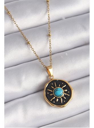 316L Çelik Gold Renk Mavi Boncuk Güneş İşleme Madalyon Model Kadın Kolye