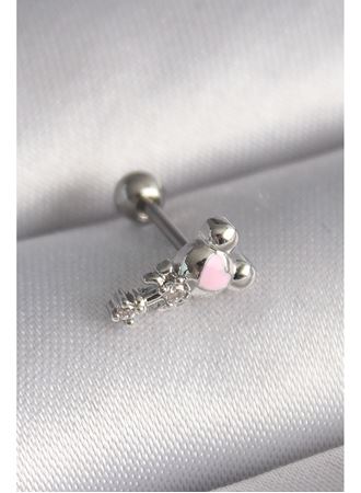 316L Çelik Gümüş Renk Zirkon Taş Detay Pembe Kalp İşleme Tragus Piercing