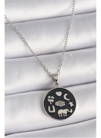 316L Çelik Gümüş Renk Siyah Renk Şans Kolyesi