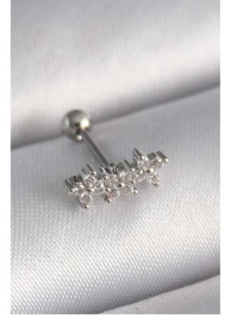 316L Çelik Gümüş Renk Zirkon Taşlı Yonca Tragus Piercing