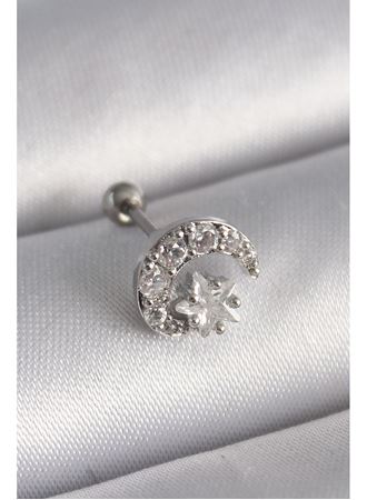 316L Çelik Gümüş Renk Zirkon Taşlı Ay Yıldız Tragus Piercing