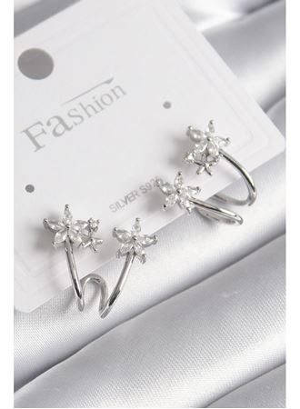 Pirinç Gümüş Renk Zirkon Taşlı Çiçek Model Kadın Küpe