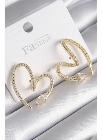 Pirinç Gold Renk Zirkon Taşlı Yılan Kalp Model Kadın Küpe