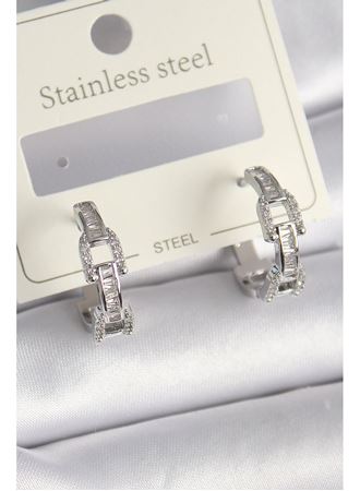 Pirinç Gümüş Renk Zirkon Taşlı Zincir Model Kadın Küpe