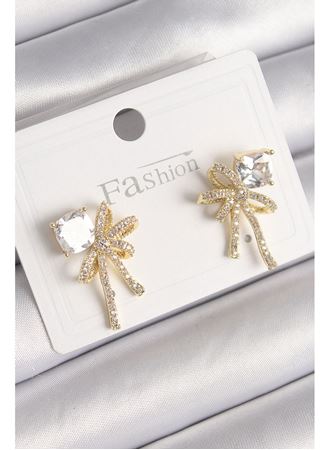 Pirinç Gold Renk Zirkon Taşlı Kurdele Model Kadın Küpe