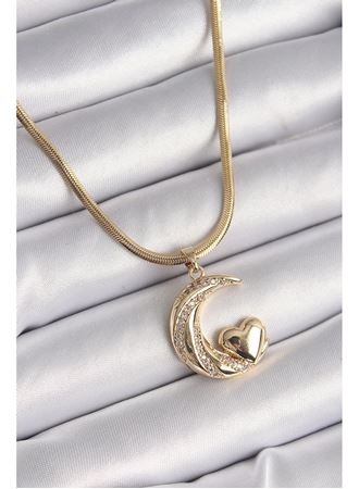 316L Çelik Gold Renk Çelik İtalyan Zincir Zirkon Taşlı Halil Figür Kalp Detay Kadın Kolye