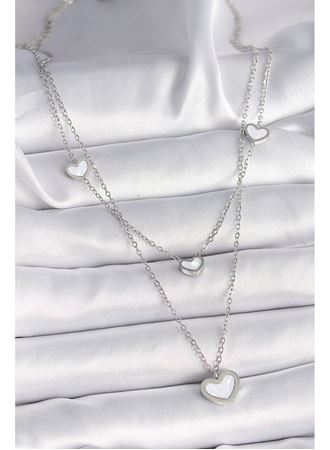 316L Çelik Gümüş Renk Zincir 2'Li Zincir Kalp Model Kadın Kolye