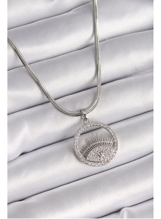 316L Çelik Gümüş Renk İtalyan Zincir Zirkon Taşlı Göz Model Kadın Kolye