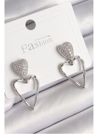 Pirinç Gümüş Renk Zirkon Taşlı Kalp Model Kadın Küpe