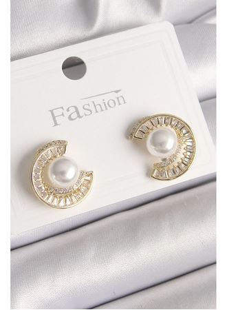 Pirinç Gold Renk Zirkon Taşlı Salyangoz Model İnci Detay Kadın Küpe