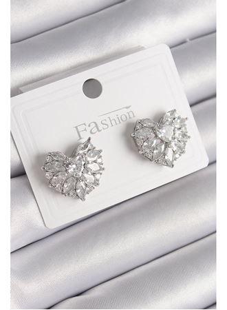 Pirinç Gümüş Renk Zirkon Taşlı Kalp Model Kadın Küpe