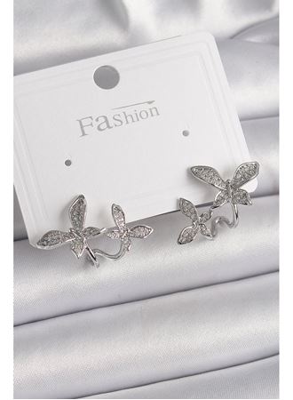Pirinç Gümüş Renk Zirkon Taşlı Kelebek Model Kadın Küpe