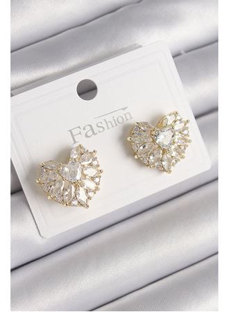 Pirinç Gold Renk Zirkon Taşlı Kalp Model Kadın Küpe