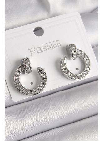 Pirinç Gümüş Renk Zirkon Taşlı Çivi Halka Model Kadın Küpe