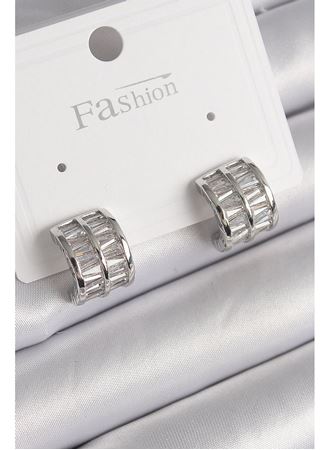 Pirinç Gümüş Renk Çift Sıra Zirkon Taşlı Kadın Küpe