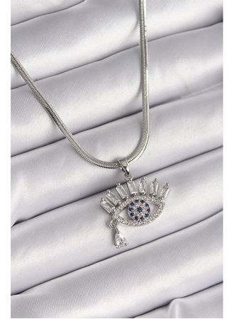 316L Çelik Gümüş Renk İtalyan Zincir Zirkon Taşlı Göz Model Kadın Kolye