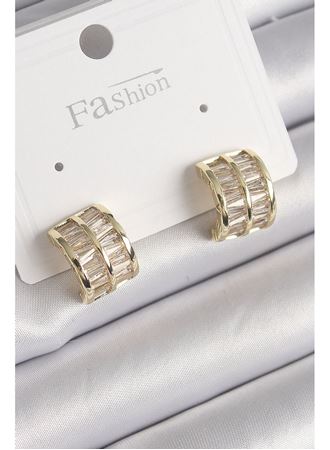 Pirinç Gold Renk Çift Sıra Zirkon Taşlı Kadın Küpe