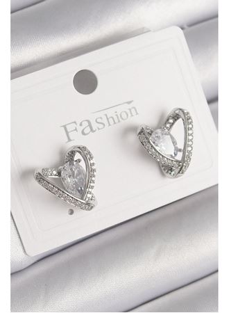 Pirinç Gümüş Renk Zirkon Taşlı Kalp Model Kadın Küpe