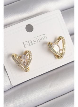 Pirinç Gold Renk Zirkon Taşlı Kalp Model Kadın Küpe