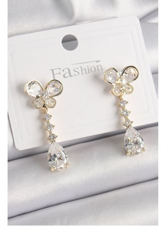 Pirinç Gold Renk Zirkon Taşlı Kelebek Model Sallantı Damla Zirkon Taş Kadın Küpe