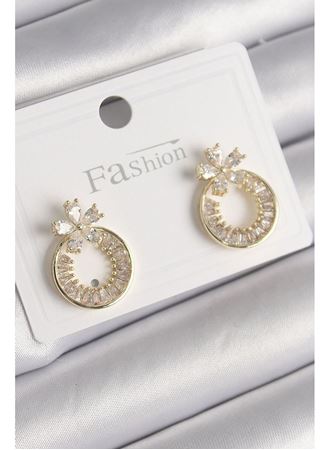 Pirinç Gold Renk Zirkon Taşlı Halka Model Çiçek Figür Kadın Küpe