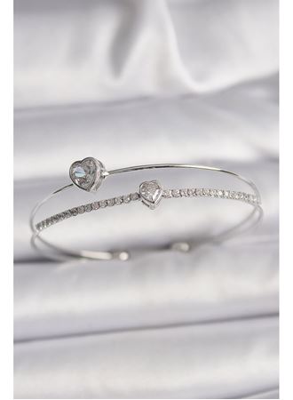 Pirinç Gümüş Renk Zirkon Taşlı Kalp Model Kadın Bileklik