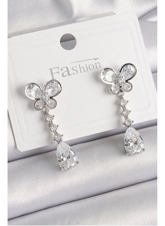 Pirinç Gümüş Renk Kelebek Model Sallantı Damla Zirkon Taşlı Kadın Küpe