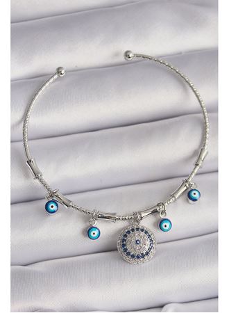 Pirinç Gümüş Renk Sallantı Zirkon Taşlı Nazar Boncuk Figür Charm Bileklik