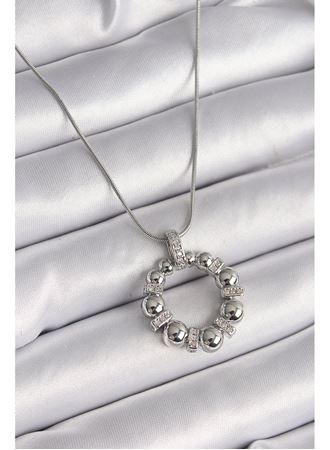 316L Çelik Gümüş Renk Zincir Zirkon Taş Detaylı Bombeli Halka Model Kadın Kolye