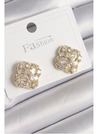 Pirinç Gold Renk Zirkon Taşlı Yonca Model Kadın Küpe