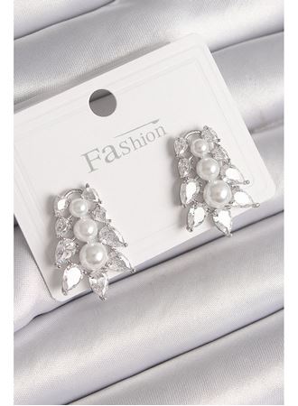 Pirinç Gümüş Renk Zirkon Taşlı Yaprak Model İnci Detay Kadın Küpe