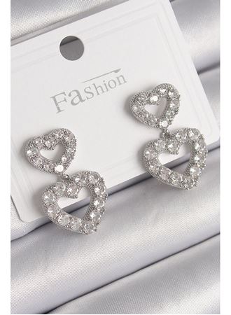 Pirinç Gümüş Renk Zirkon Taşlı Sallantı Kalp Model Kadın Küpe