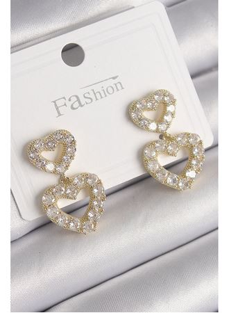 Pirinç Gold Renk Zirkon Taşlı Sallantı Kalp Model Kadın Küpe