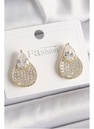Pirinç Gold Renk Zirkon Taşlı Damla Model Kadın Küpe