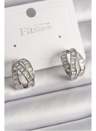 Pirinç Gümüş Renk Zirkon Taşlı Düğüm Halka Model Kadın Küpe