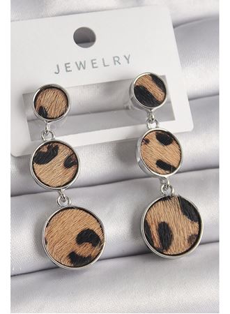 Pirinç Gümüş Renk 3'Lü Daire Plaka Leopar Desenli Kadın Küpe